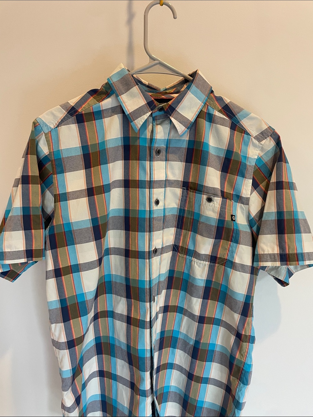 Marmot Blue, White and Teal Plaid Short-Sleeve Button-Down Shirt
